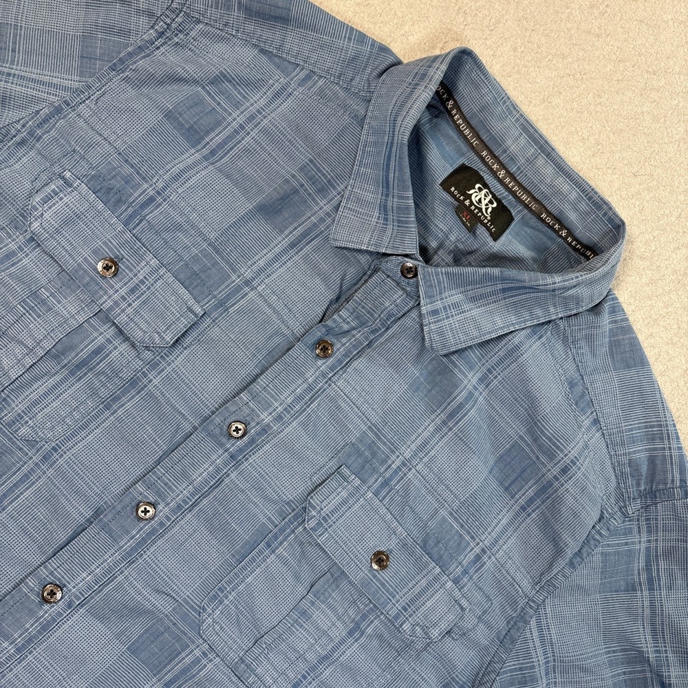 Rock Republic Shirt Men‎ XL Blue Plaid Short Sleeve Pockets Button-Up